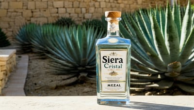 Sierra Cristal Mezcal bottle with agave plants in the background Sierra Cristal Mezcal bottle with agave plants in the background