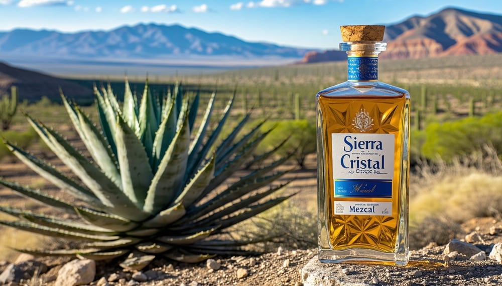 Bottle of Sierra Cristal clear mezcal with agave plant and Durango landscape Bottle of Sierra Cristal clear mezcal with agave plant and Durango landscape